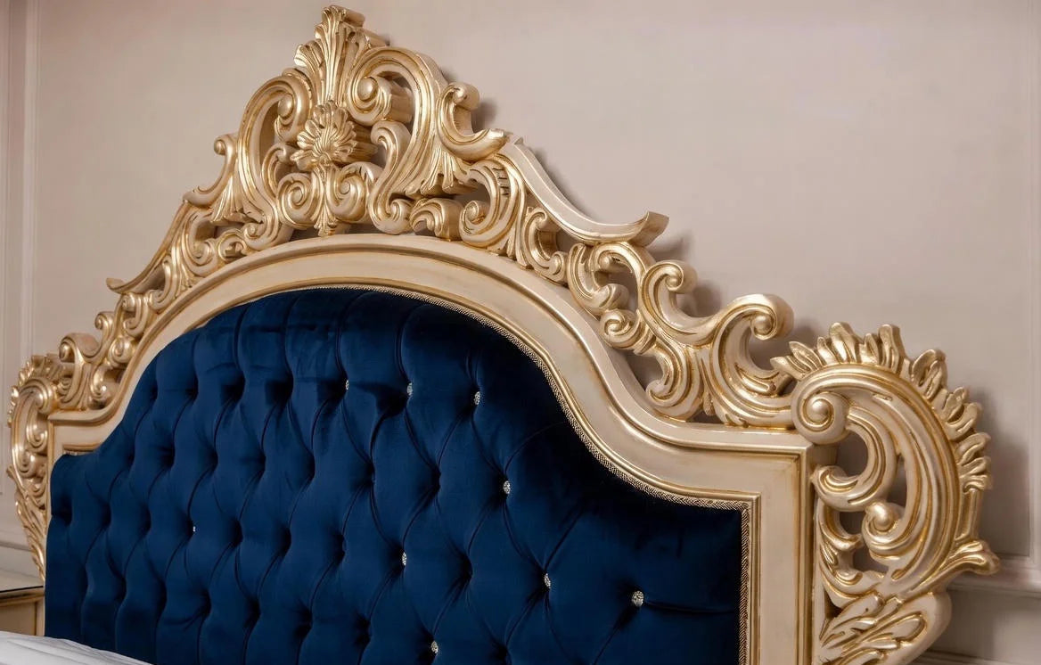 Bleu Majesty Italian Baroque Bedroom Set with Upholstered Headboard, Hand-Carved Luxury Statement Design | Makin’ It Home