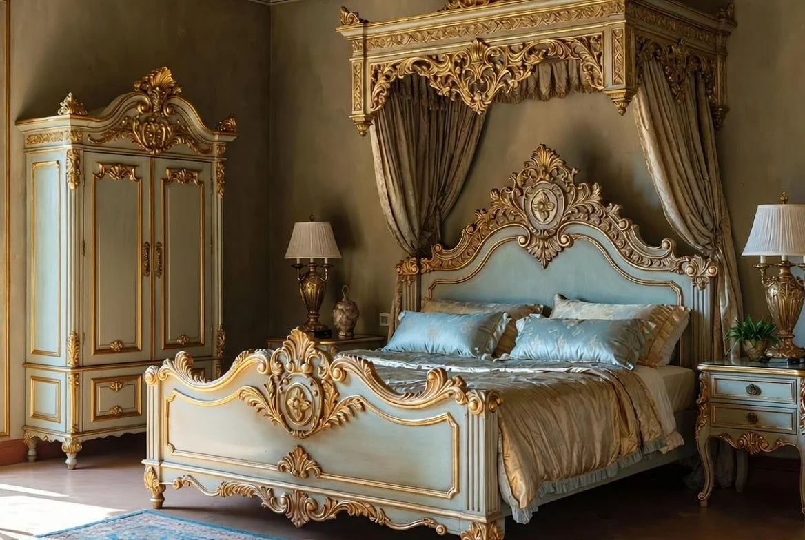 Luxury Italian Baroque Canopy Bed for Master Bedrooms | Artisanal Hand-Carved With Gold Accents | Makin’ It Home