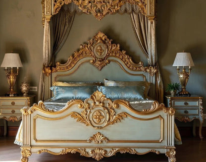 Luxury Italian Baroque Canopy Bed for Master Bedrooms | Artisanal Hand-Carved With Gold Accents | Makin’ It Home