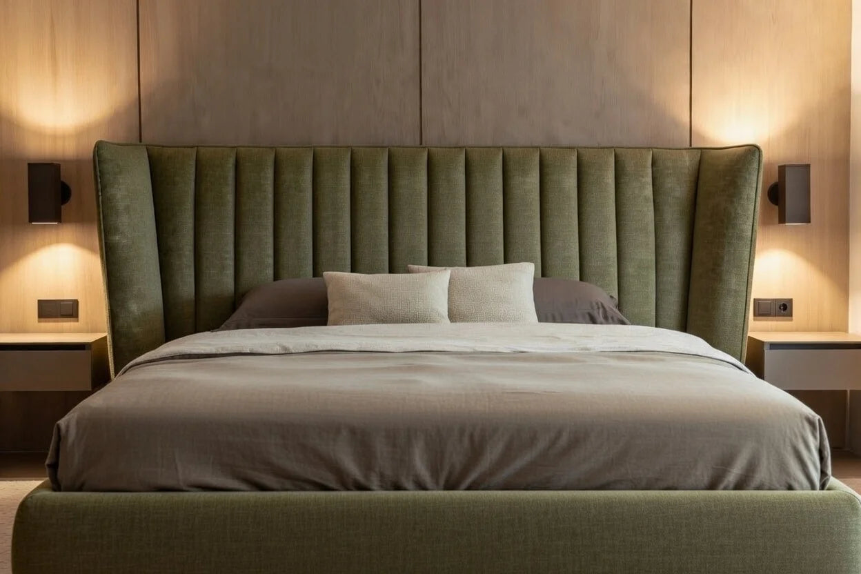 Luxury solid wood shelter platform bed with upholstered wingback headboard in modern designer bedroom setting