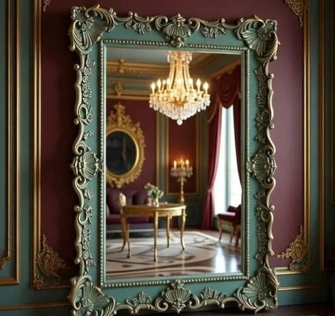 Versailles Bloom Mirror – French Rococo Hand Carved Wooden Wall Mirror in Sage Green with Gold Accents