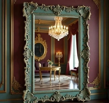 Versailles Bloom Mirror – French Rococo Hand Carved Wooden Wall Mirror in Sage Green with Gold Accents