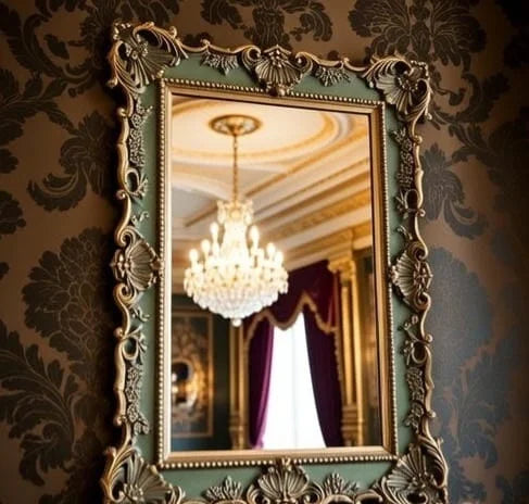 Versailles Bloom Mirror – French Rococo Hand Carved Wooden Wall Mirror in Sage Green with Gold Accents