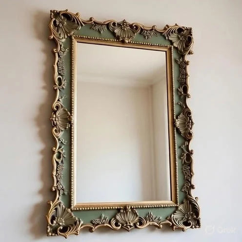 Versailles Bloom Mirror – French Rococo Hand Carved Wooden Wall Mirror in Sage Green with Gold Accents