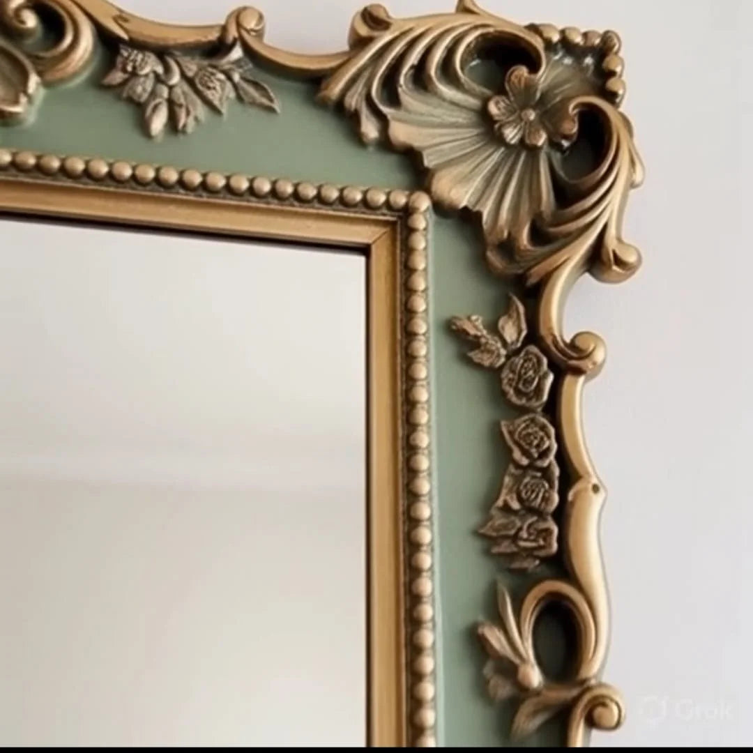 Versailles Bloom Mirror – French Rococo Hand Carved Wooden Wall Mirror in Sage Green with Gold Accents