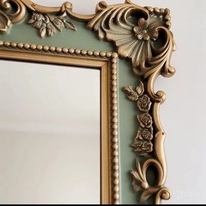 Versailles Bloom Mirror – French Rococo Hand Carved Wooden Wall Mirror in Sage Green with Gold Accents