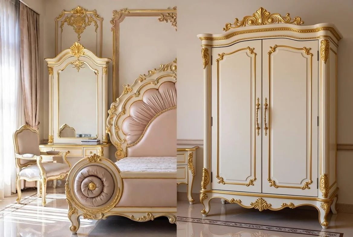 Luxurious Italian Style Bed – Hand Carved Solid Wood Bedroom Furniture with Gold Accents| Makin' It Home