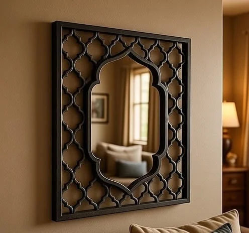 Black Moroccan Hand Carved  Wooden Wall Mirror  | Moroccan Lattice Frame | Luxury Wall Décor