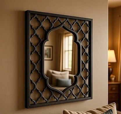Black Moroccan Hand Carved  Wooden Wall Mirror  | Moroccan Lattice Frame | Luxury Wall Décor