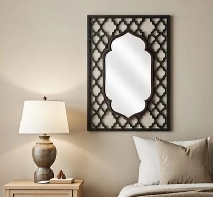 Black Moroccan Hand Carved  Wooden Wall Mirror  | Moroccan Lattice Frame | Luxury Wall Décor