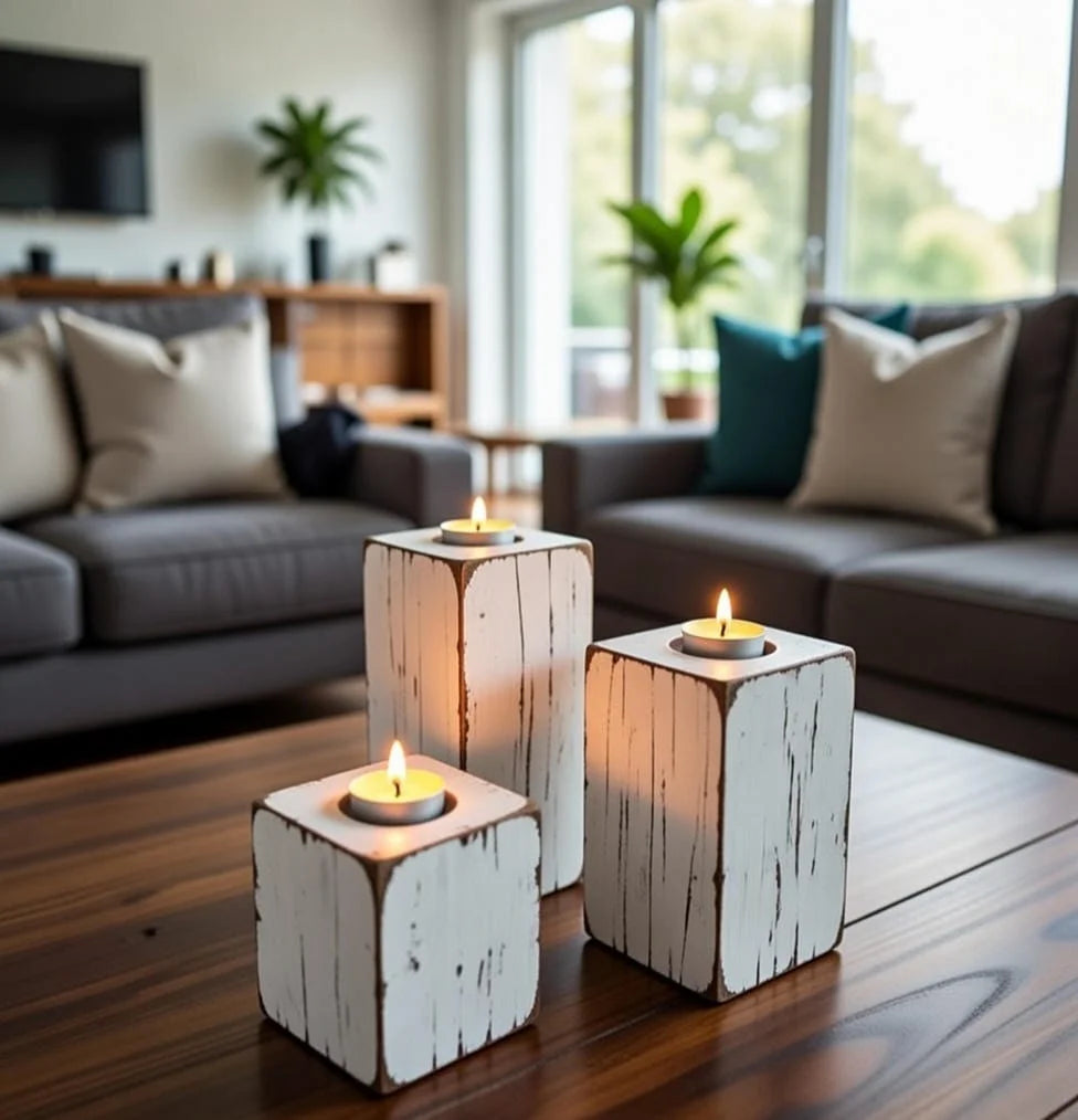 Modern Rustic Distressed White Candle Holders Set of 3 - Square Wood Block Pillars