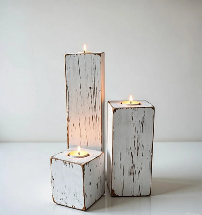 Modern Rustic Distressed White Candle Holders Set of 3 - Square Wood Block Pillars