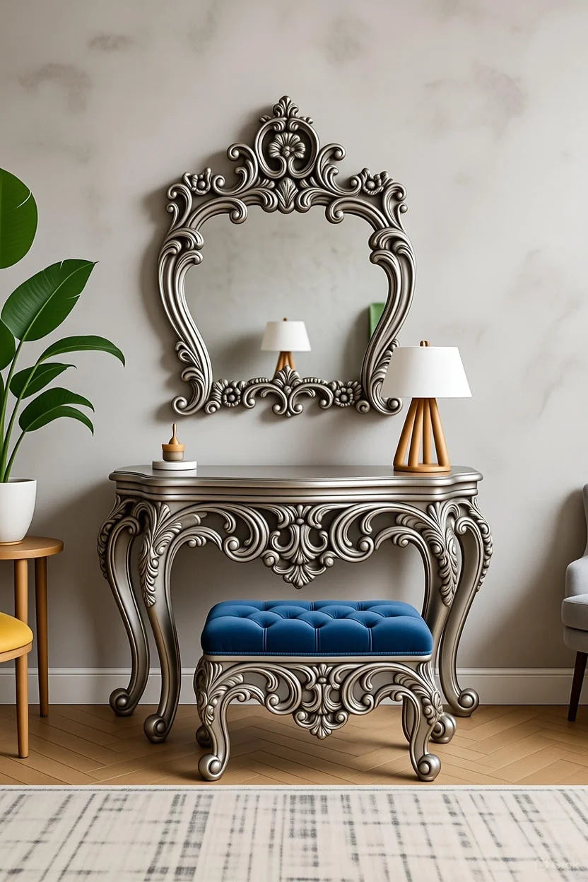 Veloria Antique silver Console Table with Mirror | Classic Handcrafted Wooden Console for Elegant Interiors