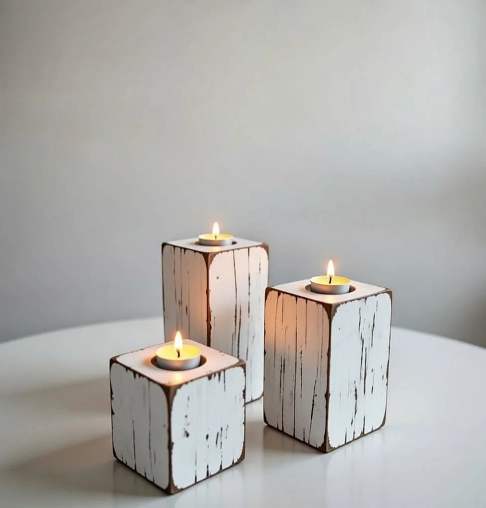 Modern Rustic Distressed White Candle Holders Set of 3 - Square Wood Block Pillars
