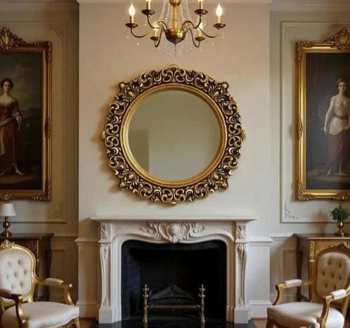 Hand Carved European Round Wooden Wall Mirror in Antique Gold | Royal Baroque Floral Frame | Luxury Wall Décor