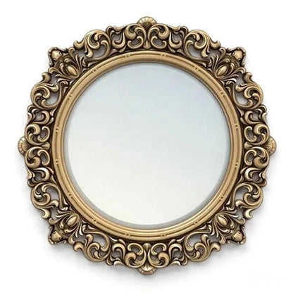 Hand Carved European Round Wooden Wall Mirror in Antique Gold | Royal Baroque Floral Frame | Luxury Wall Décor