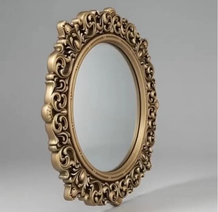 Hand Carved European Round Wooden Wall Mirror in Antique Gold | Royal Baroque Floral Frame | Luxury Wall Décor