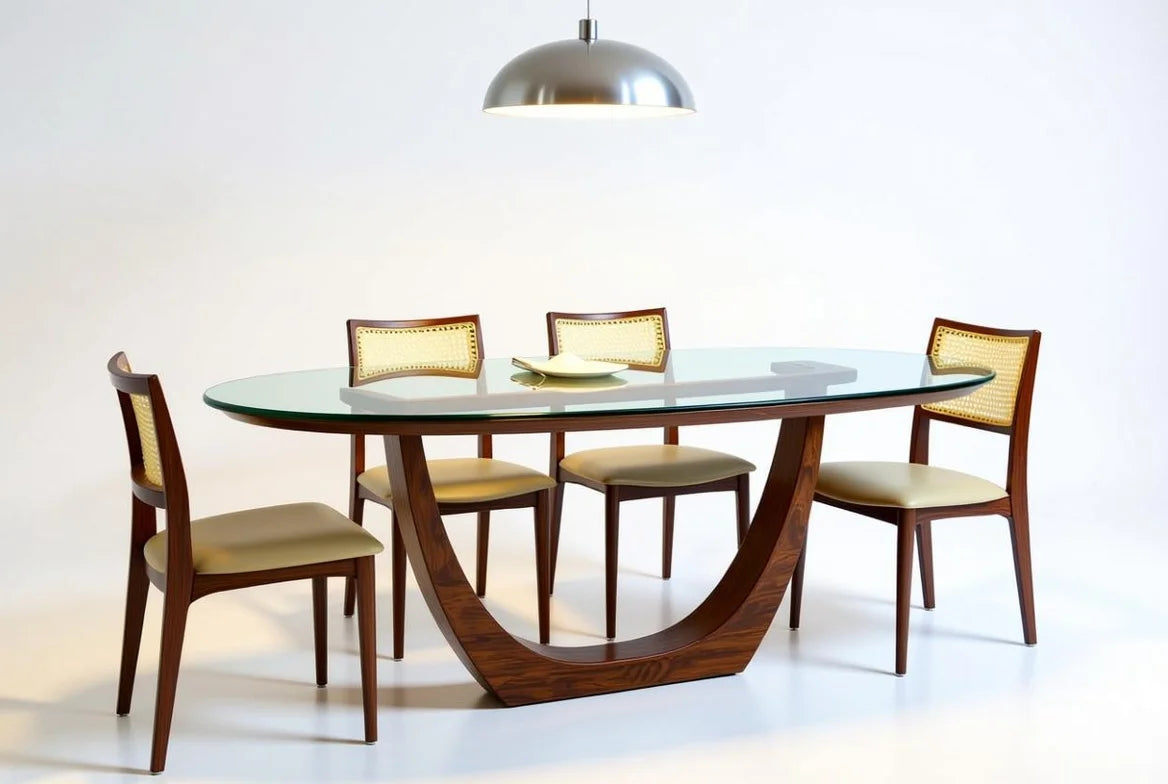 Contemporary Glass 6 Seater Dining Table with Chairs | Solid Wood | Glass Top |