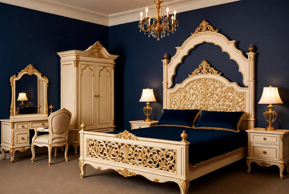 Italian Antique Gold King Size Bed Set with Handcarved Detailing & Matching Furniture | Custom-Made to Order| Makin’ It Home |