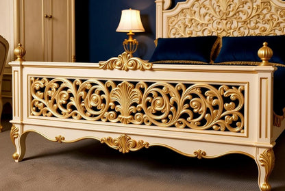 Italian Antique Gold King Size Bed Set with Handcarved Detailing & Matching Furniture | Custom-Made to Order| Makin’ It Home |