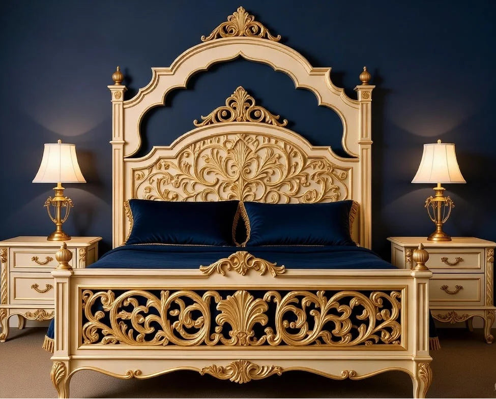 Italian Antique Gold King Size Bed Set with Handcarved Detailing & Matching Furniture | Custom-Made to Order| Makin’ It Home |