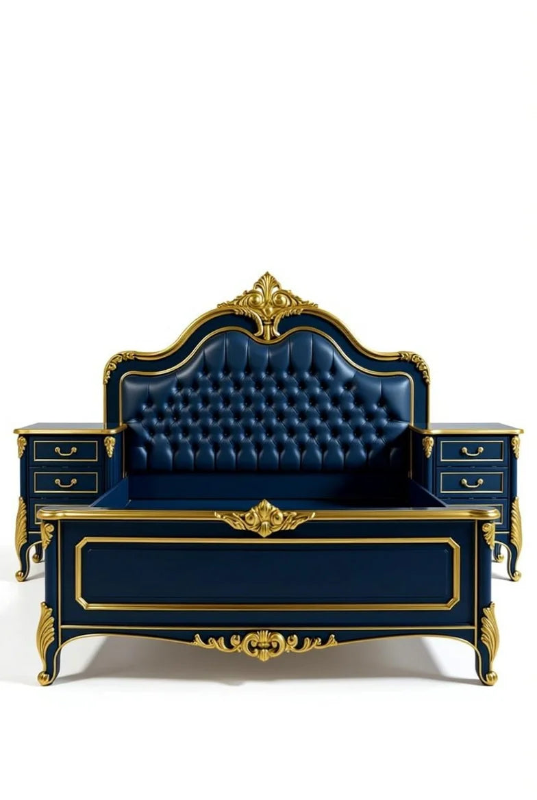 Crown Noir French Neoclassical King Size Bed -| Hand Carved | Blue Tufted Leather Headboard | Solid Wood |
