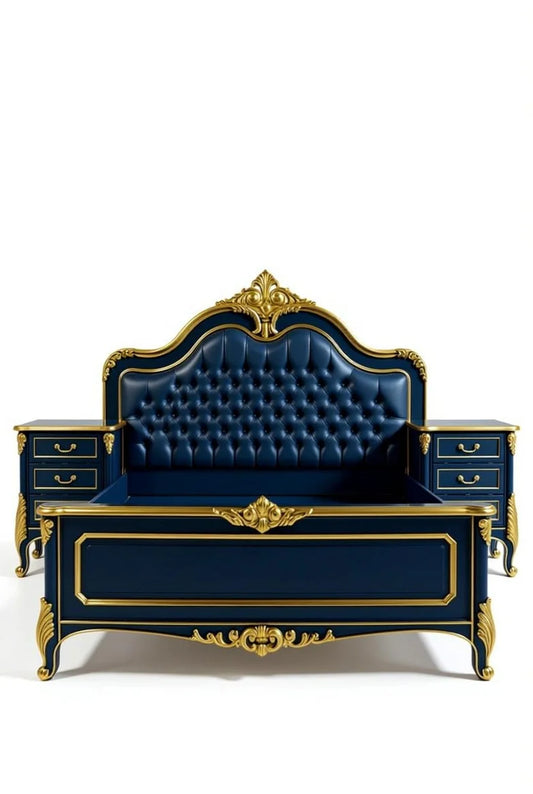 Crown Noir French Neoclassical King Size Bed -| Hand Carved | Blue Tufted Leather Headboard | Solid Wood |