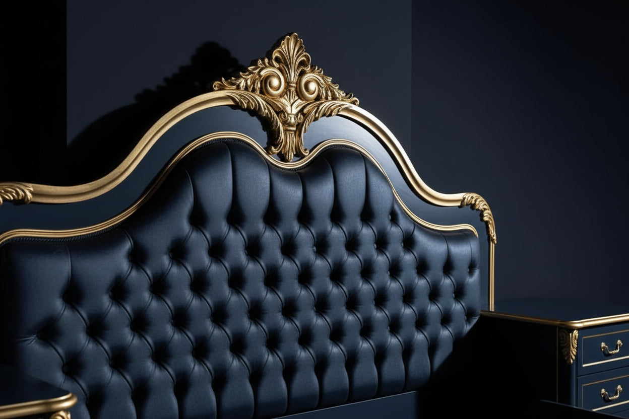 Crown Noir French Neoclassical King Size Bed -| Hand Carved | Blue Tufted Leather Headboard | Solid Wood |