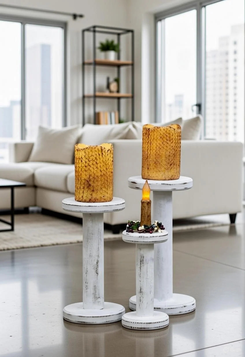 Set of 3 Spindle Pillar Candle Holders Distressed White - Rustic Farmhouse Candlesticks