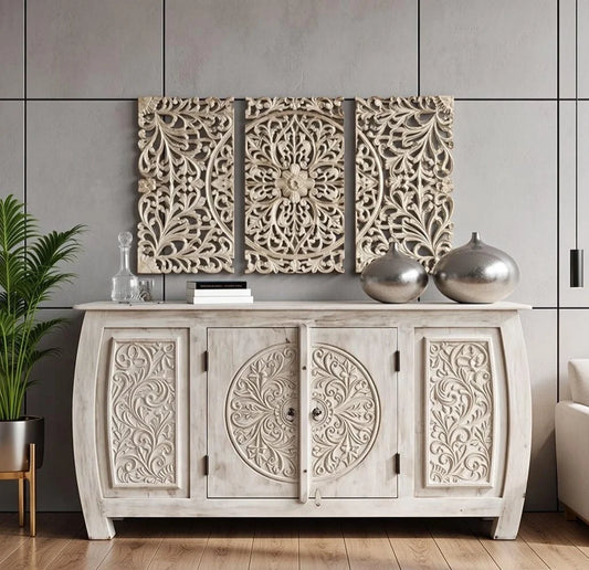 Zariya Bloom Hand-Carved Wooden Console Cabinet | Luxury White Sideboard with Floral Mandala Design for Living Room & Entryway