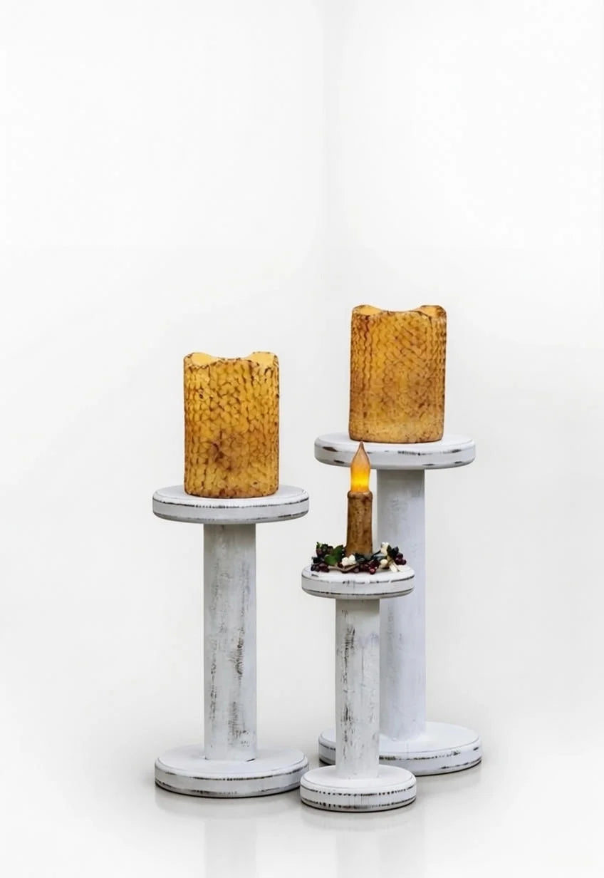 Set of 3 Spindle Pillar Candle Holders Distressed White - Rustic Farmhouse Candlesticks
