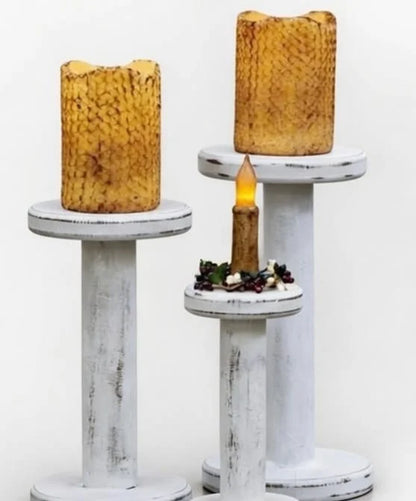 Set of 3 Spindle Pillar Candle Holders Distressed White - Rustic Farmhouse Candlesticks