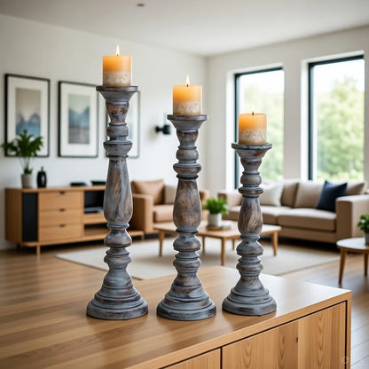 Coastal Farmhouse Whitewash Candle Holders Set of 2 - Tall Distressed Wood Pillars