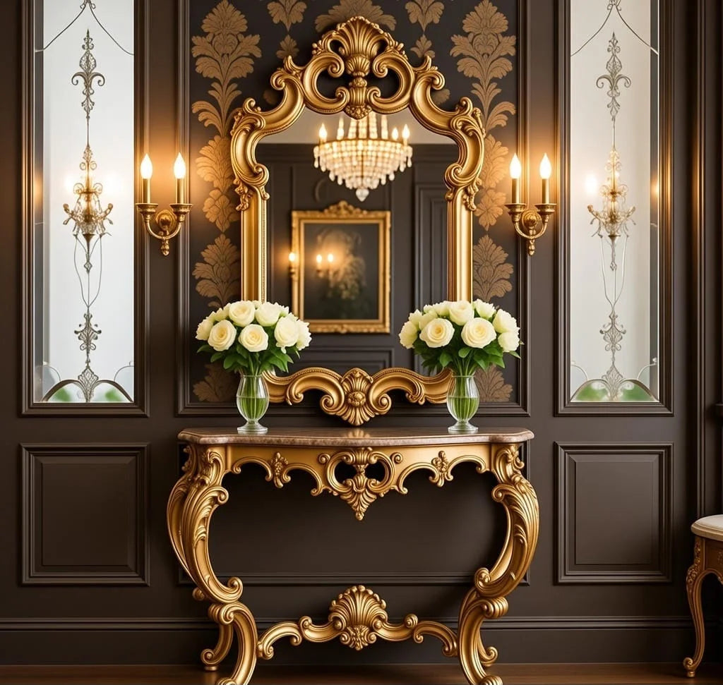 Aurelio Royale Antique Gold Console Table with Mirror | Hand-Carved Royal Wooden Console for Luxury Entryway & Living Room Décor