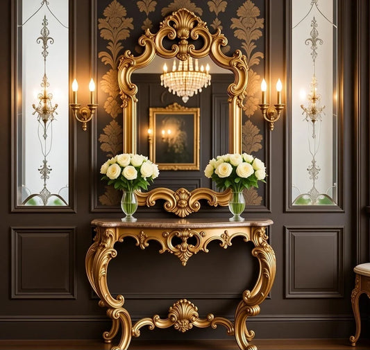 Aurelio Royale Antique Gold Console Table with Mirror | Hand-Carved Royal Wooden Console for Luxury Entryway & Living Room Décor