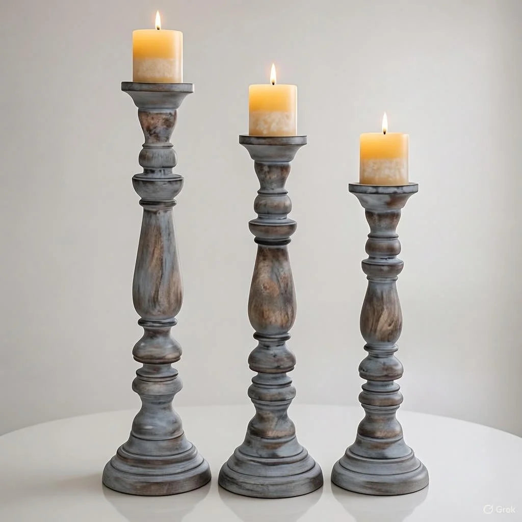 Coastal Farmhouse Whitewash Candle Holders Set of 2 - Tall Distressed Wood Pillars