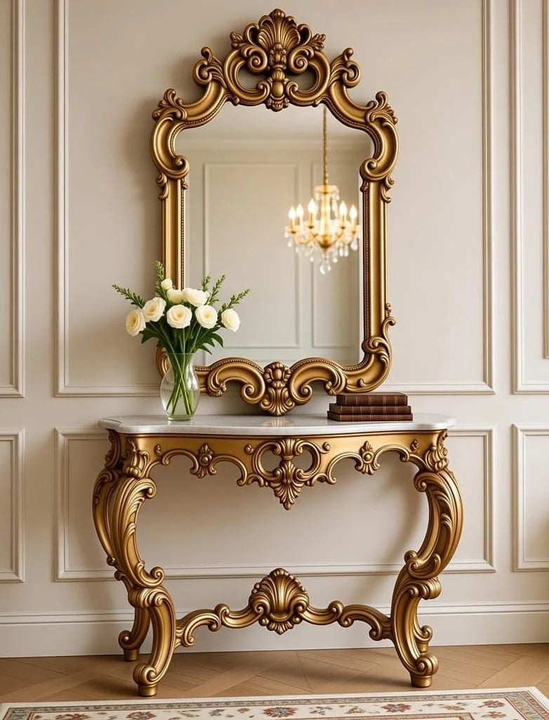 Aurelio Royale Antique Gold Console Table with Mirror | Hand-Carved Royal Wooden Console for Luxury Entryway & Living Room Décor