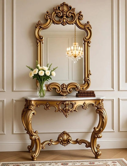 Aurelio Royale Antique Gold Console Table with Mirror | Hand-Carved Royal Wooden Console for Luxury Entryway & Living Room Décor