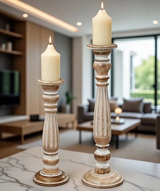 Weathered Gray Blue Pillar Candle Holders Set of 3 - Distressed Farmhouse Tall Candlesticks