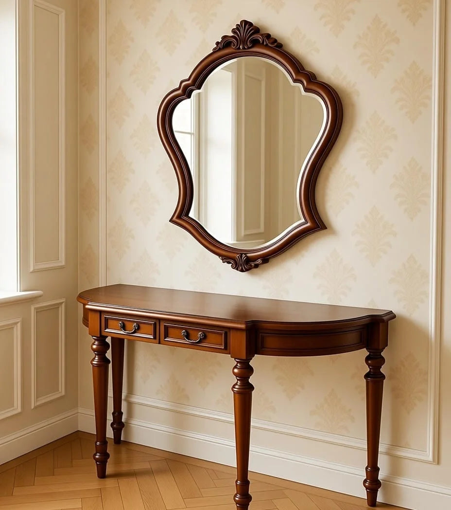 Heritage Arc Wooden Console Table with Mirror | Classic Brown Handcrafted Console for Entryway & Living Room