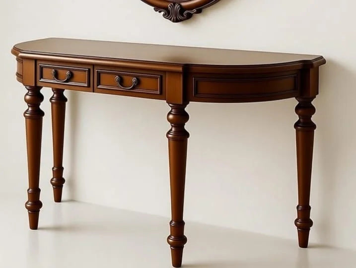 Heritage Arc Wooden Console Table with Mirror | Classic Brown Handcrafted Console for Entryway & Living Room
