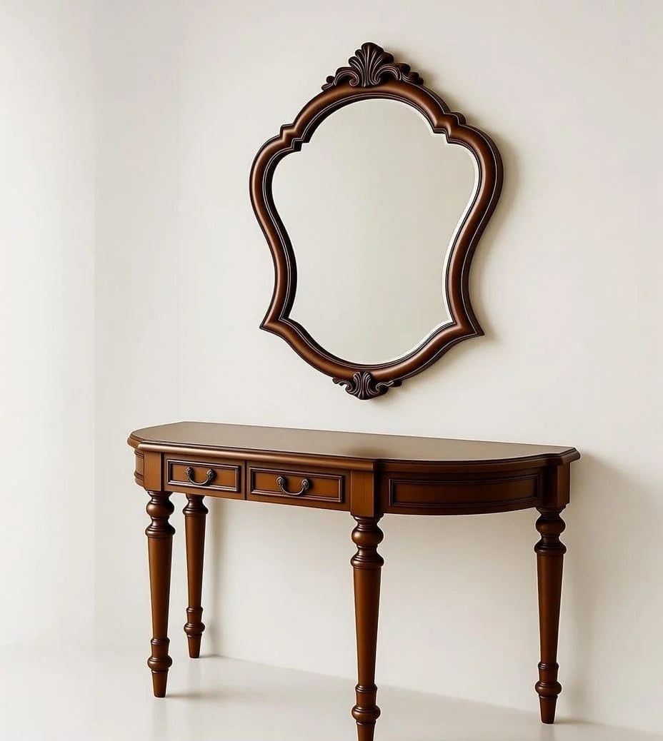 Heritage Arc Wooden Console Table with Mirror | Classic Brown Handcrafted Console for Entryway & Living Room