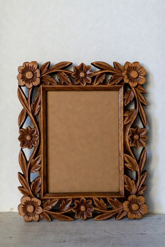 Forest Bloom Hand-Carved Wooden Photo Frame | Floral Design Wall Décor & Vintage Wooden Frame