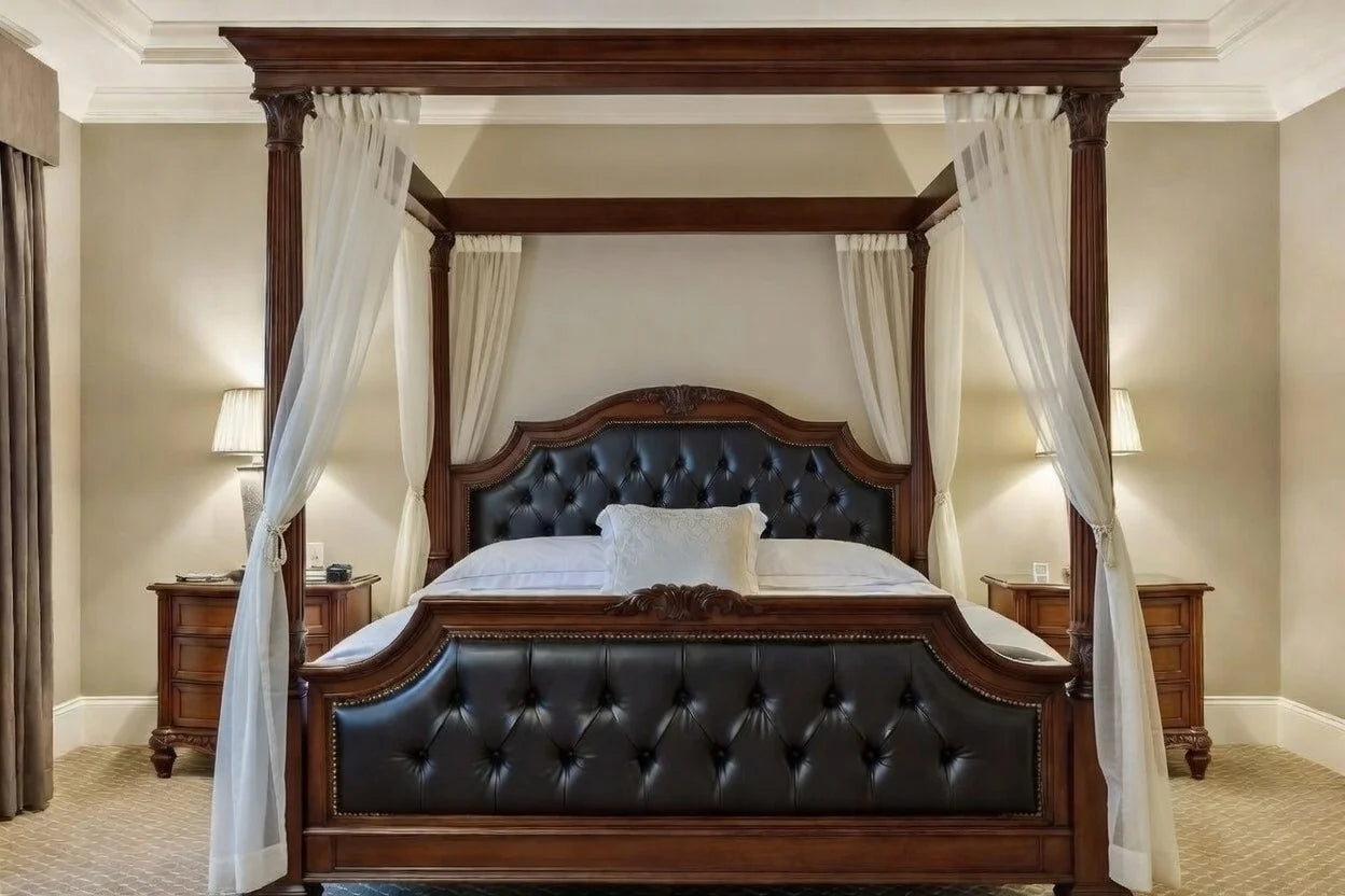 Traditional regency-style master bedroom featuring a grand four-poster canopy bed with sheer white curtains and matching mahogany bedside tables.