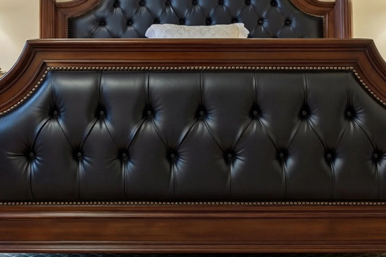 Detail of a classic four-poster bed footboard with deep button-tufting in black leather and an antique-finished solid wood frame.