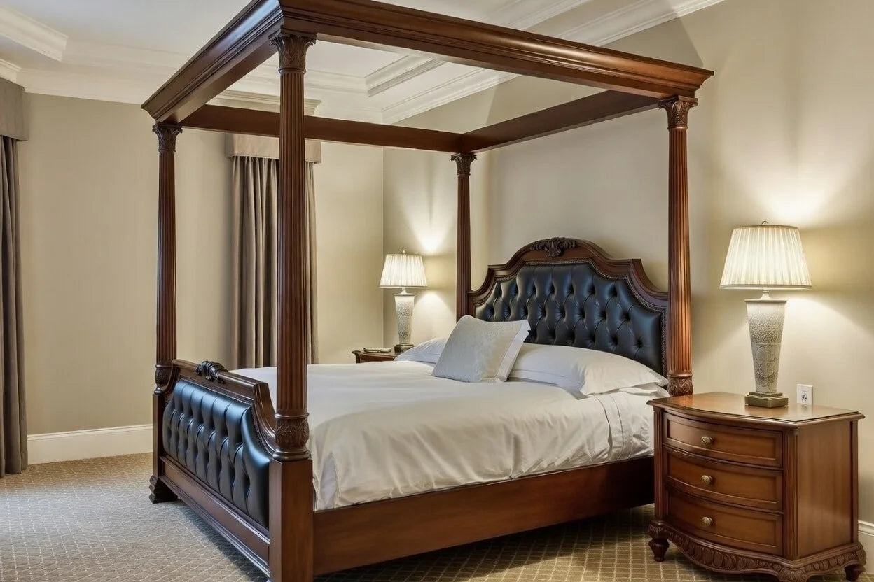 King-size four-poster canopy bed frame with fluted columns and hand-carved acanthus leaf details in a rich dark wood finish.