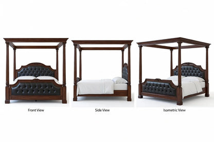 Wooden canopy bed shown from front, side, and isometric views on a white background.