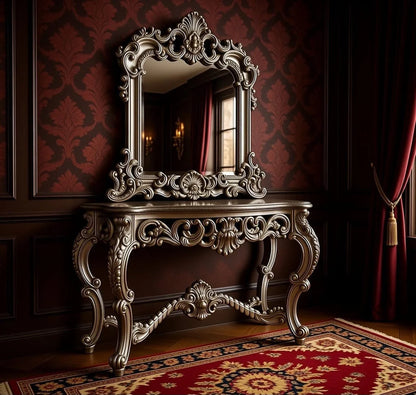 Silver Grace Console Table with Mirror | Elegant Silver Wooden Console for Entryway & Living Room