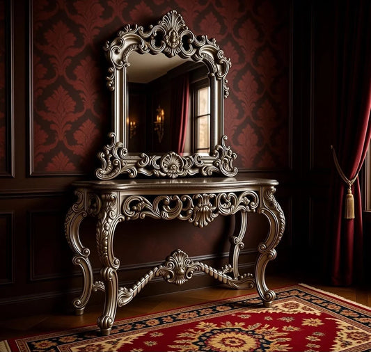 Silver Grace Console Table with Mirror | Elegant Silver Wooden Console for Entryway & Living Room