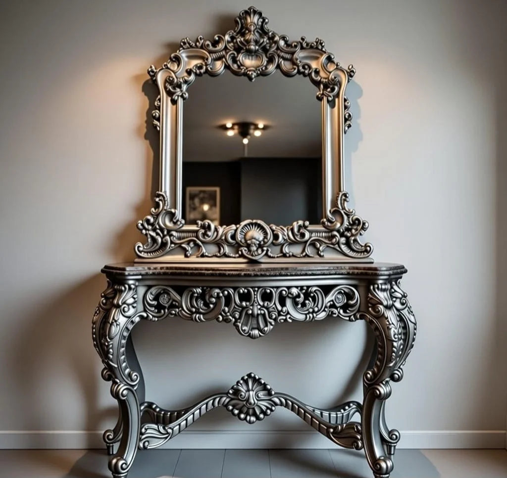 Silver Grace Console Table with Mirror | Elegant Silver Wooden Console for Entryway & Living Room